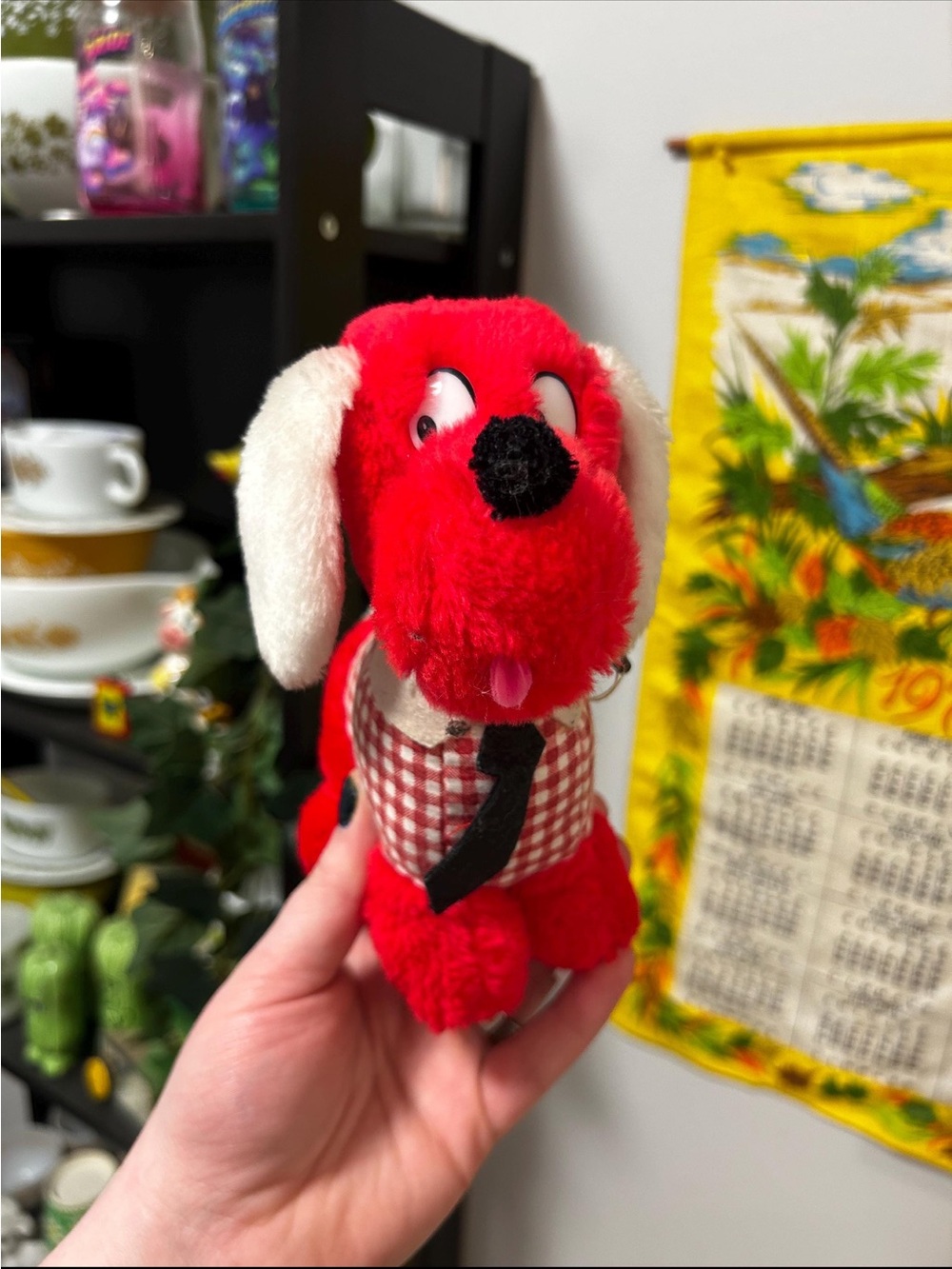 Vintage Red Plush Dog Toy with Checkered Vest and Tie